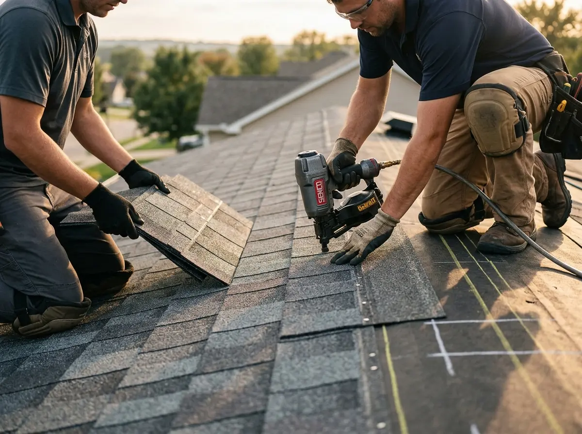 Professional roofer working on a residential roof in Bogota